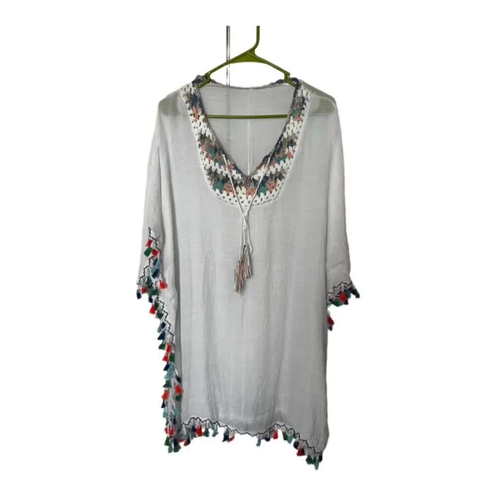 Milana Fashion White Cotton Blend Color Tassel /crochet Swim Cover  L/XL